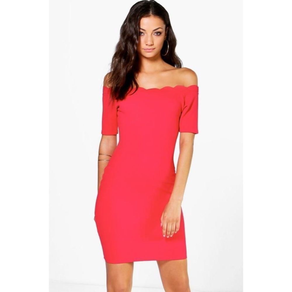 BOOHOO Adria Scallop Off Shoulder Dress